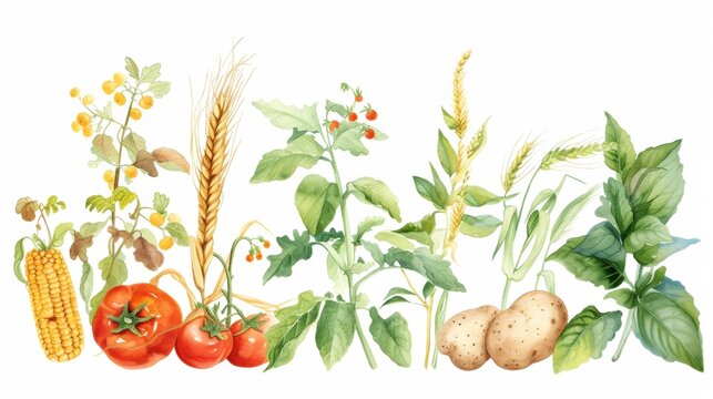 watercolor, hand-drawn illustration of vegetables and fruits. fresh food design elements: greenery, leaves, corn, wheat, tomato, potato, leaves, stalks, Broccoli, carrot, pepper, garlic, and zucchini