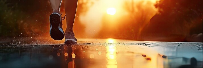 Dynamic close up of female runner feet in action on road at sunrise capturing essence of wellness and athletic young jogger embodying fitness and healthy lifestyle trains in early morning light