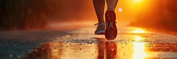 Dynamic close up of female runner feet in action on road at sunrise capturing essence of wellness...