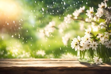 spring flowers on wooden background and rain