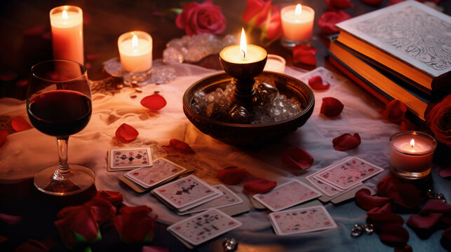 Enigmatic Image Of Still Life With Tarot Cards, Glass Of Wine, Red Roses, Mysterious Books And Candles On The Table. Concept Of Love Fortune Telling For The Valentine's Day.