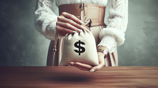 Woman's hands holding a money bag with dollar sign over wooden table. Finance concept