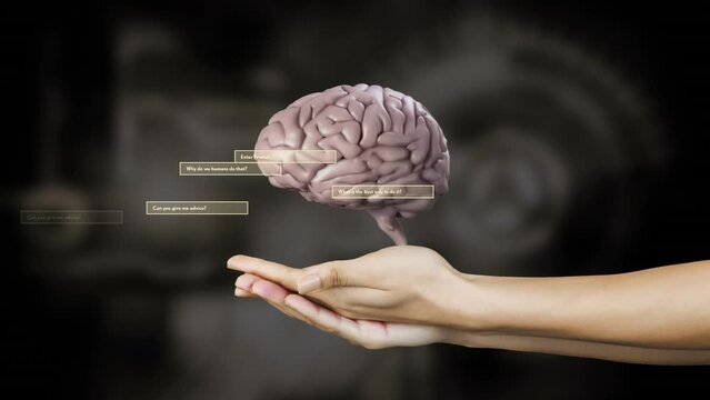 Animation of human brain and ai data processing over hands on black background
