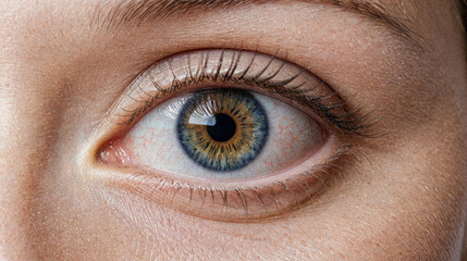 Close up view of woman eye, showcasing intricate details and vibrant colors. Iris is mix of blue...