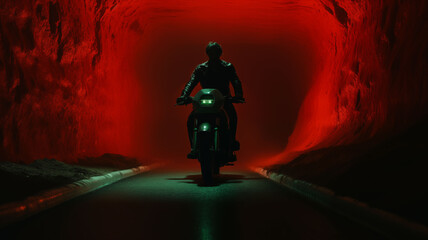 Motorcyclist captured in silhouette against the intense red glow of an underground tunnel, creating...