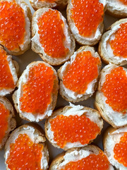 Baguette sandwiches with red salmon caviar and cheese. Top view.