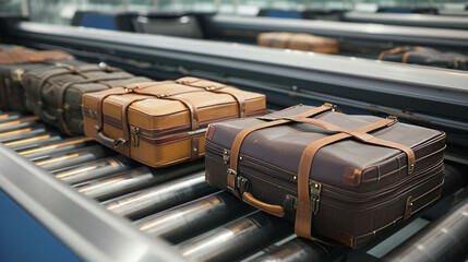 Travel abroad concept with airport conveyor belt with different vintage suitcases - obrazy, fototapety, plakaty