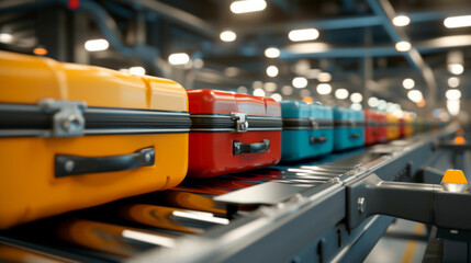 Travel abroad concept with airport conveyor belt with different colorful suitcases