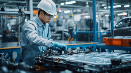 Chinese engineer working on EV car battery cells module in a electric vehicle factory