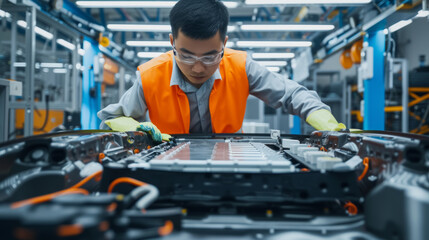 Chinese technician working on EV car battery cells module in a electric vehicle factory - obrazy, fototapety, plakaty