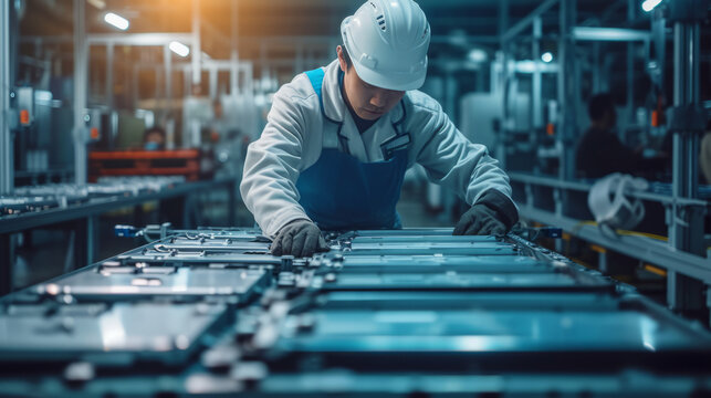 Chinese engineer working on EV car battery cells module in a electric vehicle factory