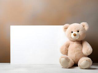 Fluffy brown teddy bear with  a blank sign with space for copy,Generative Ai