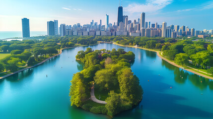 Chicago skyline aerial drone view from above Lake Mich, Aerial view of a small island in Osprey Lake, Hertford, Hertfordshire, Generative Ai 