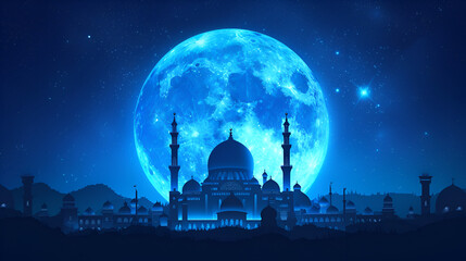 A silhouette of a big mosque on Blue full moon in nigh, generative ai