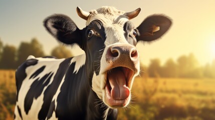 Joyful and contented cow with open mouth grazing on fresh green meadow - eye-catching banner shot - obrazy, fototapety, plakaty