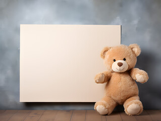 Fluffy brown teddy bear with  a blank sign with space for copy,Generative Ai