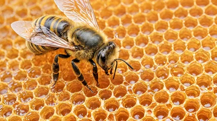 Fotobehang Closeup image capturing bee on honeycomb, bee body and honey filled hexagonal cells, highlighting natural golden hues and textures © Celt Studio
