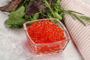 Red caviar in the bowl