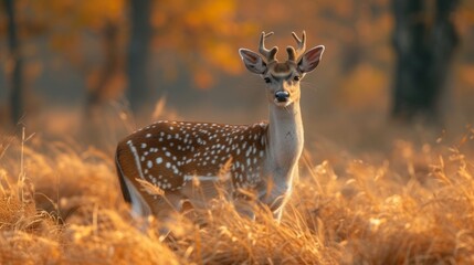 Naklejka na ściany i meble Chital or cheetal, Axis axis, spotted deers or axis deer in nature habitat. Bellow majestic powerful adult animals.