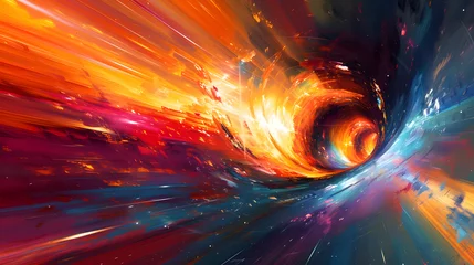 Foto op Plexiglas A spaceship fires up its engines and shoots out flames in a colorful nebula. © wcirco