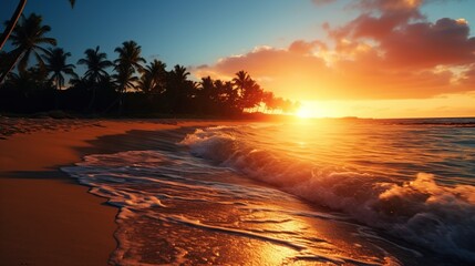 Beautiful sunset with palm trees silhouettes on tropical beach. Perfect for summer travel and vacation concept background. Generative AI