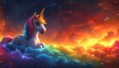 Obraz na płótnie Canvas A majestic unicorn with a golden horn and a mane of rainbow colors rests on fluffy clouds, against the mesmerizing backdrop of a starry dusk sky.