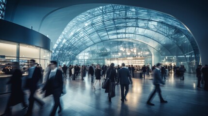 Blurred image of modern entrance with a crowd of business people walking in a busy urban setting