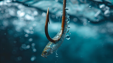 Fishing. Close-up shut of a fish hook under water, generative ai - obrazy, fototapety, plakaty
