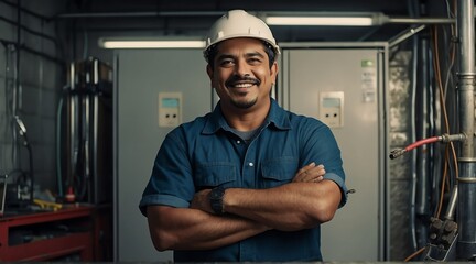 Plumber or electrician hispanic guy with arms crossed smiling at camera from Generative AI