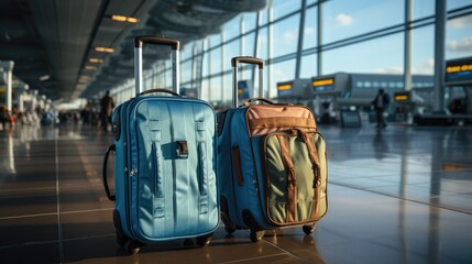 Two Suitcases Next to Each Other in an Airport - obrazy, fototapety, plakaty
