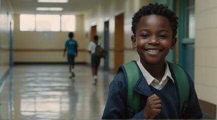 Kid black african boy at the school hallway running and smiling at camera from Generative AI