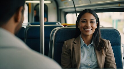 Happy smiling employee immigrant woman sitting on a bus looking at the camera, riding a public transportation from Generative AI