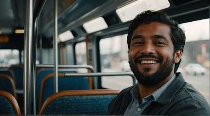 Obraz premium Happy smiling employee immigrant man sitting on a bus looking at the camera, riding a public transportation from Generative AI