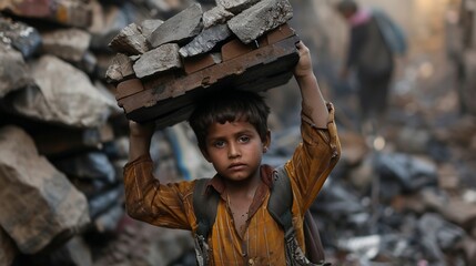 A child laborer carrying a heavy load, their small frame juxtaposed against the weight of their responsibilities, illustrating the exploitation of young workers.