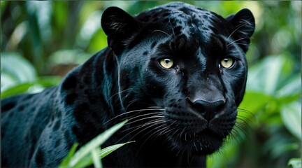 Closeup of a black panther on the jungle from Generative AI
