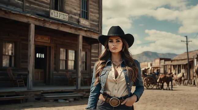 Beautiful young woman at wild west wearing a western cowboy outfit in a town from Generative AI