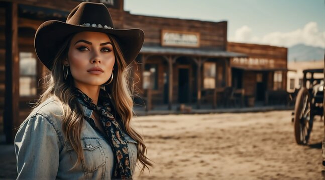 Beautiful young woman at wild west wearing a western cowboy outfit in a town from Generative AI