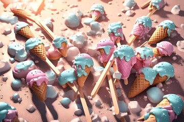Hello Summer creative text concept. Ice cream on a stick melts on the sidewalk 3d render 3d illustration