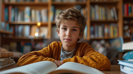 7th grader boy studying inside a library of a school. - obrazy, fototapety, plakaty