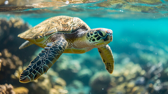 Endangered Hawaiian Green Sea Turtle cruises in the water, generative ai