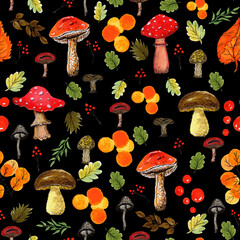 Botanical watercolor illustration. Hand watercolor work. Autumn botanical seamless pattern. Colorful mushrooms, berries and foliage on a black background. Suitable for textiles, packaging and covers.