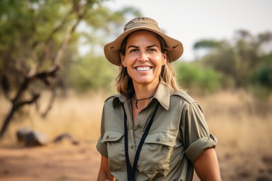 Young woman hiker smiling in the Okavango Delta, Botswana.