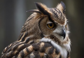 Fototapeta premium An Eurasian Eagle Owl staring at something out of shot in a woodland setting.