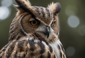 Fototapeta premium An Eurasian Eagle Owl staring at something out of shot in a woodland setting.