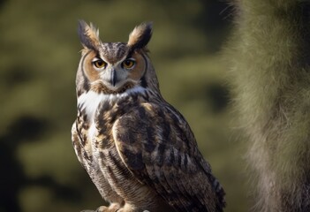 An Eurasian Eagle Owl staring at something out of shot in a woodland setting.