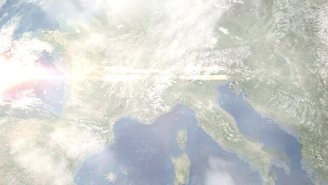 Zoom in from space and focus on Collegno, Italy. 3D Animation. Background for travel intro. Elements of this image furnished by NASA	
