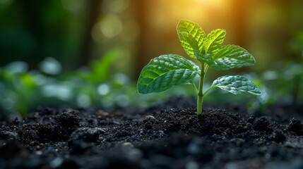 Plant seedling growing on fertile soil with green bokeh background - Generative AI