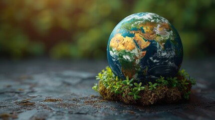 3D illustration of Earth planet with green grass and bokeh background - Generative AI