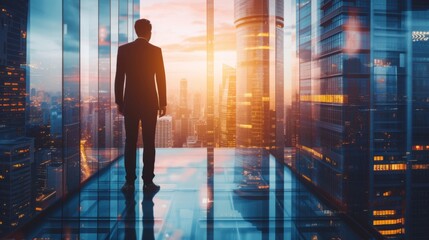 Silhouette of a businessman in an office against a skyscraper background. Investment business and leadership concept