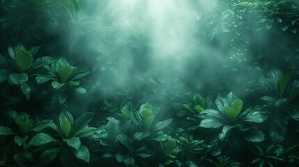 Fototapeta na wymiar 3d rendering of green leaves on dark background with light beam and fog - Generative AI